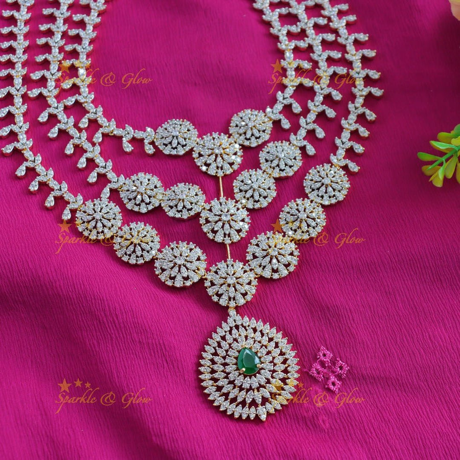 Grand Three Layered Floral pendant American diamond Haram - Sparkle and Glow - Back Thread - 