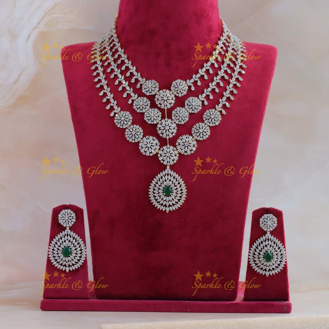 Grand Three Layered Floral pendant American diamond Haram - Sparkle and Glow - Back Thread - 