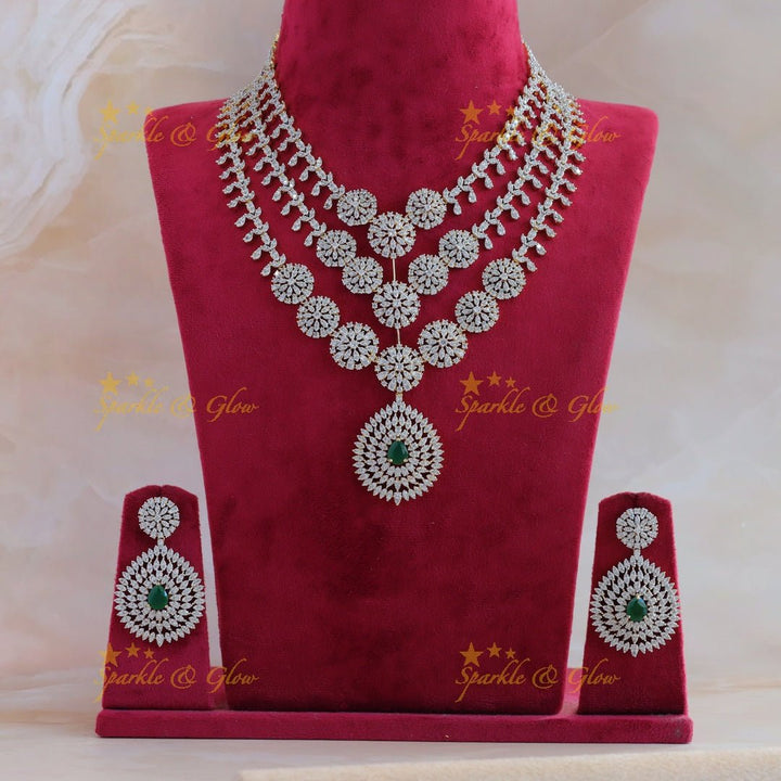 Grand Three Layered Floral pendant American diamond Haram - Sparkle and Glow - Back Thread - 