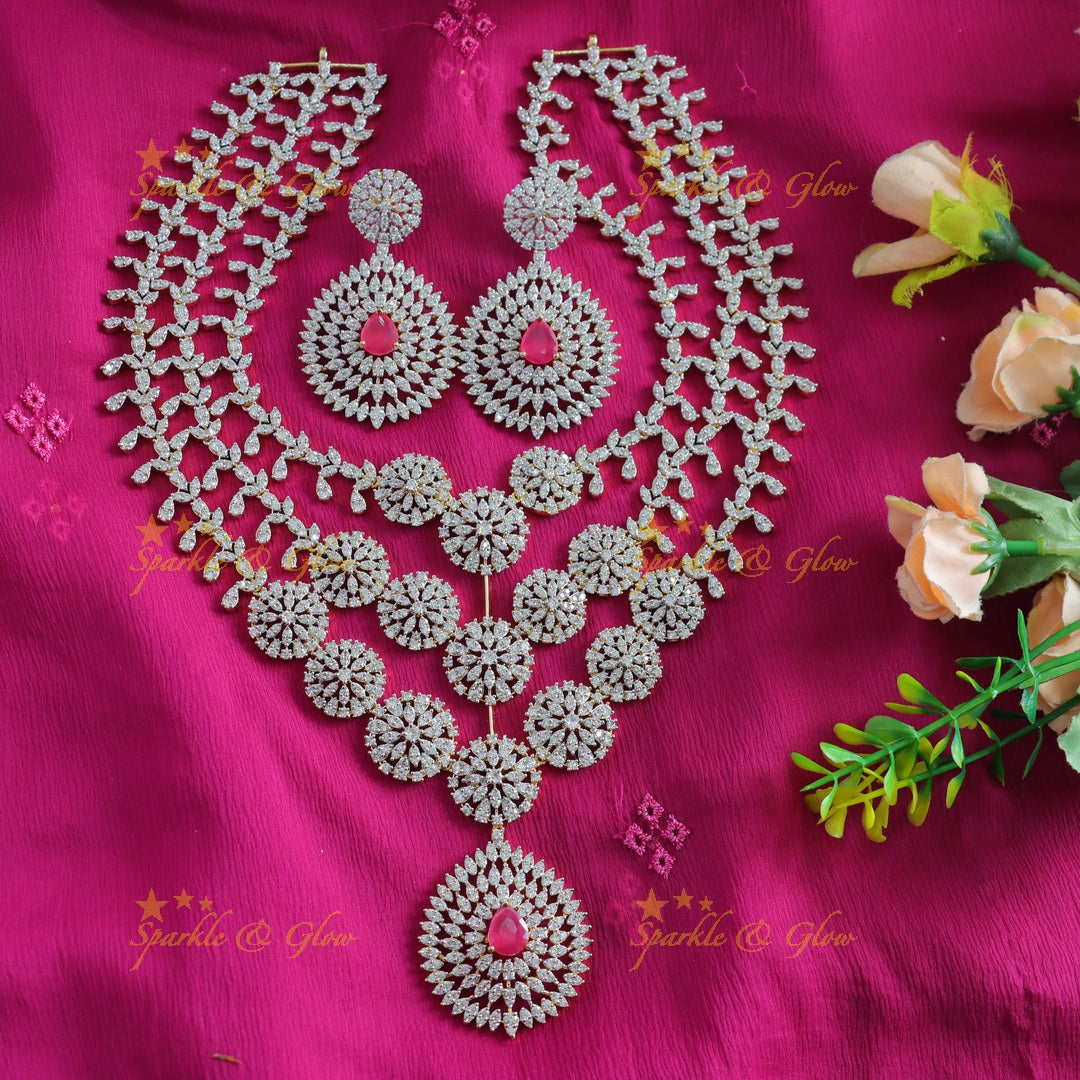 Grand Three Layered Floral pendant American diamond Haram