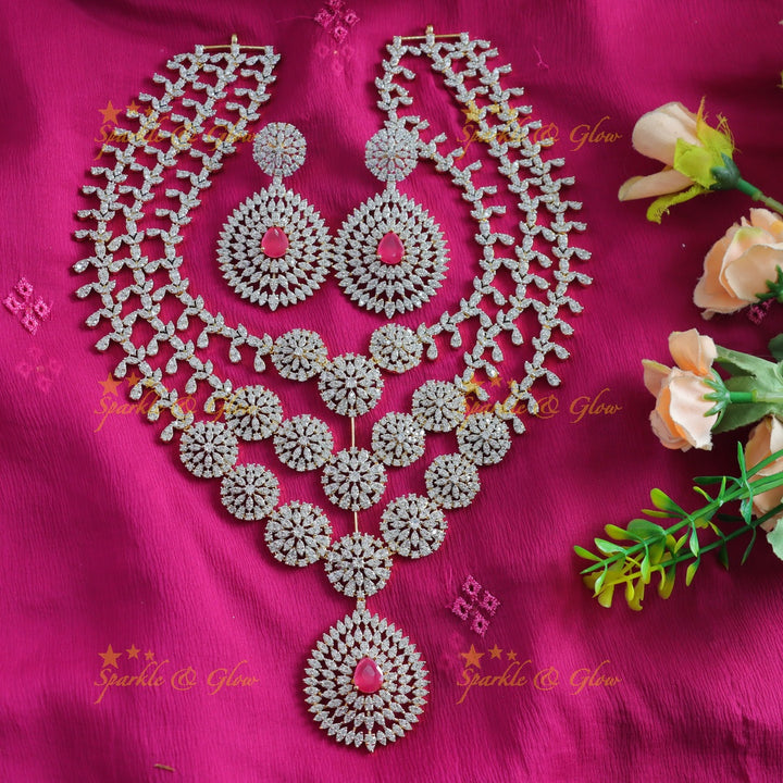 Grand Three Layered Floral pendant American diamond Haram