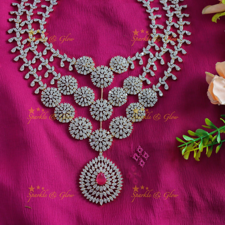 Grand Three Layered Floral pendant American diamond Haram