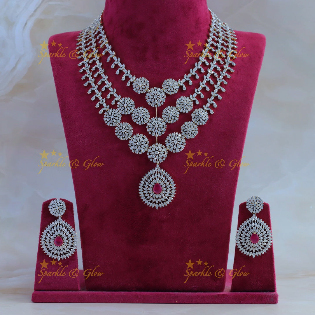 Grand Three Layered Floral pendant American diamond Haram