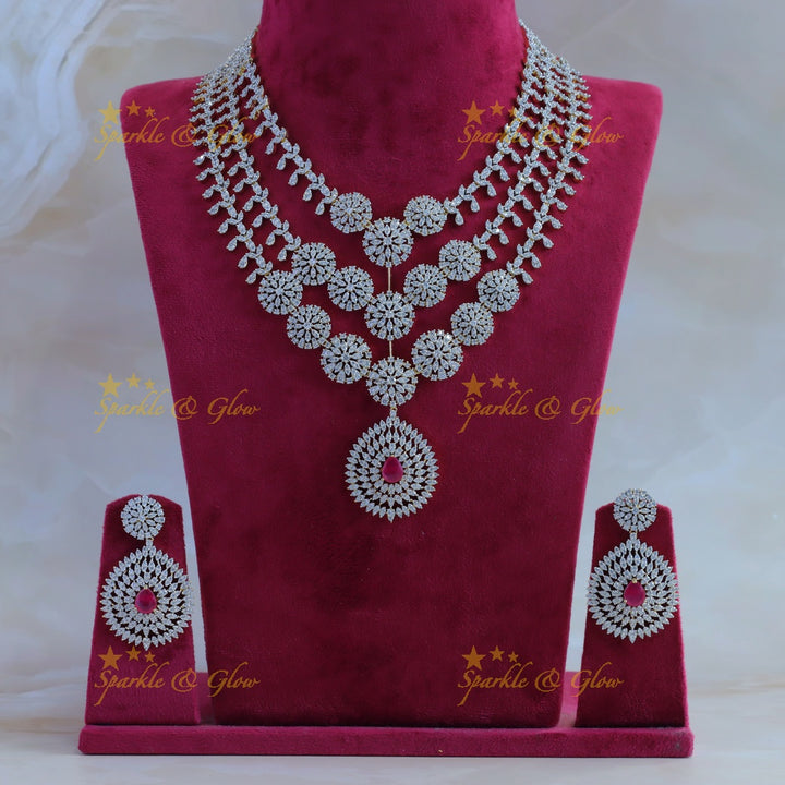 Grand Three Layered Floral pendant American diamond Haram