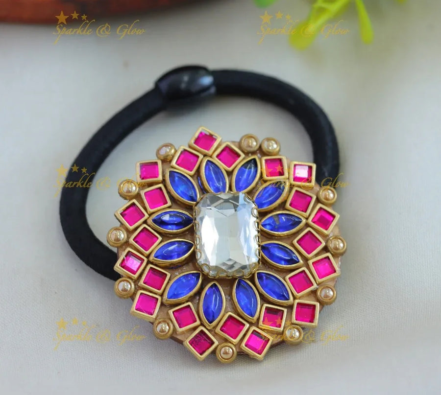 Sparkling Flat Diamond Floral Silkthread Hairband-Pinkblue - Sparkle and Glow