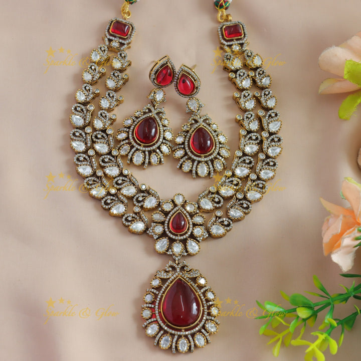Beautiful Floral and water drop design two layer victorian AD short necklace with red stone