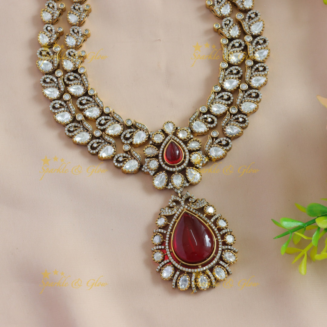 Beautiful Floral and water drop design two layer victorian AD short necklace with red stone