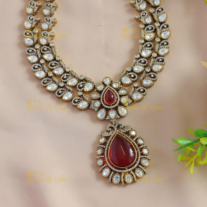 Beautiful Floral and water drop design two layer victorian AD short necklace with red stone