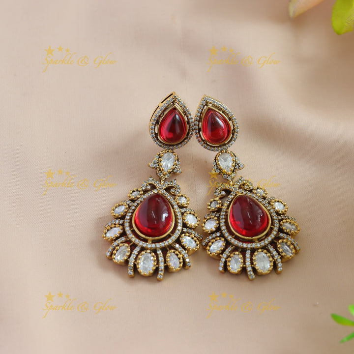 Beautiful Floral and water drop design two layer victorian AD short necklace with red stone