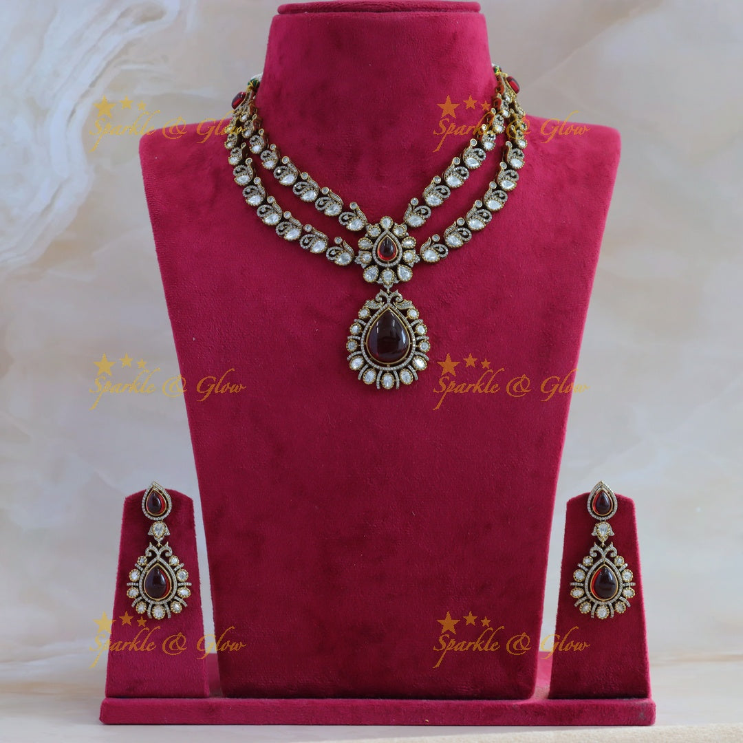 Beautiful Floral and water drop design two layer victorian AD short necklace with red stone