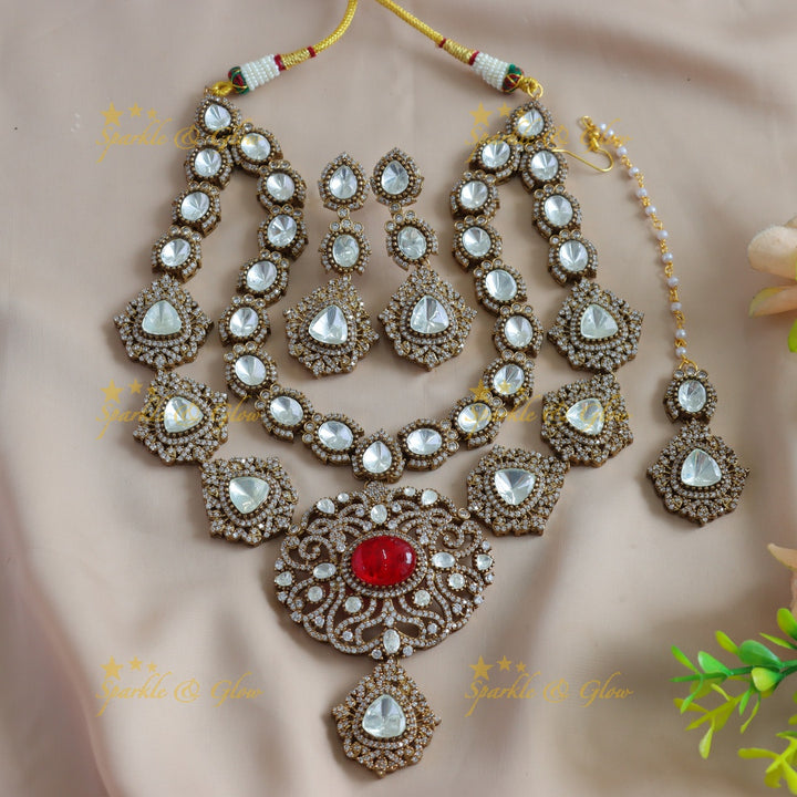Statement Floral design two layer victorian AD short necklace with green stone with maang tikka - green