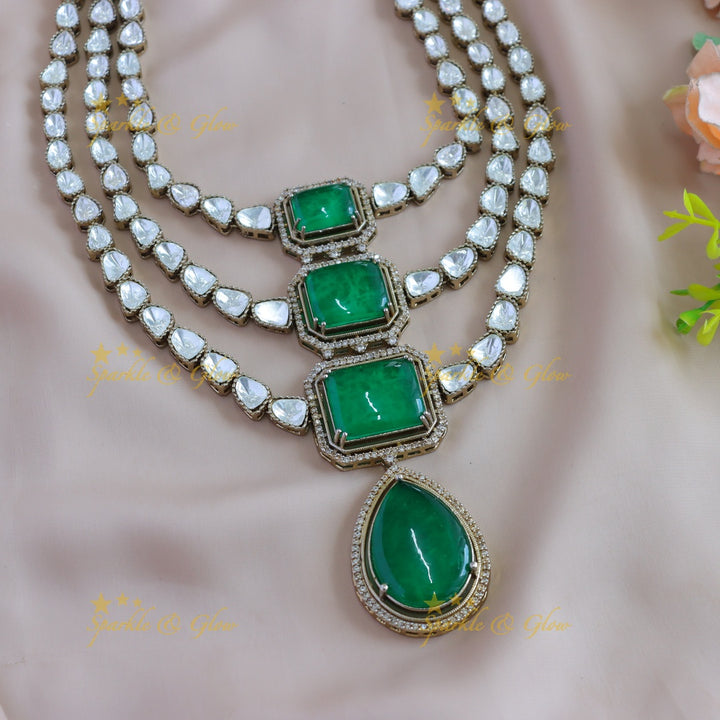 Gorgeous Rectangle and water drop stone three layer victorian AD haram with emeral