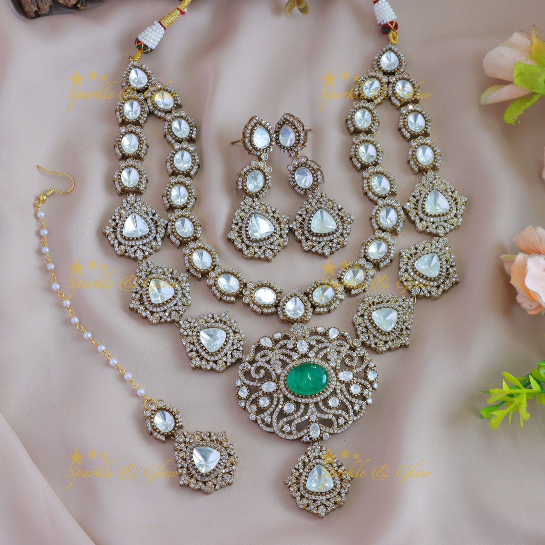 Statement Floral design two layer victorian AD short necklace with green stone with maang tikka - green