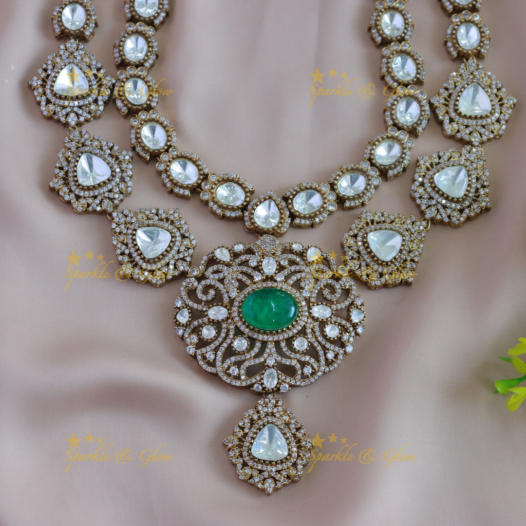 Statement Floral design two layer victorian AD short necklace with green stone with maang tikka - green