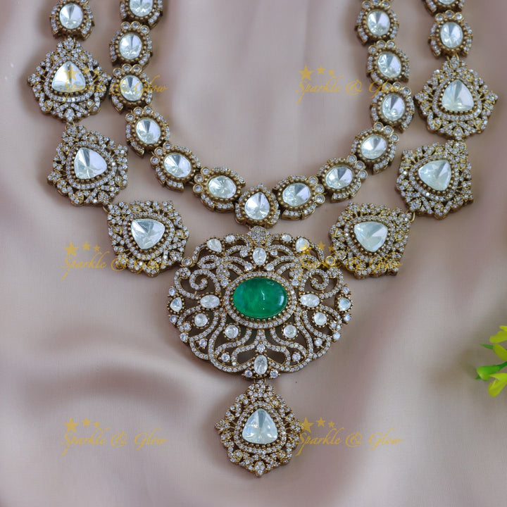 Statement Floral design two layer victorian AD short necklace with green stone with maang tikka - green