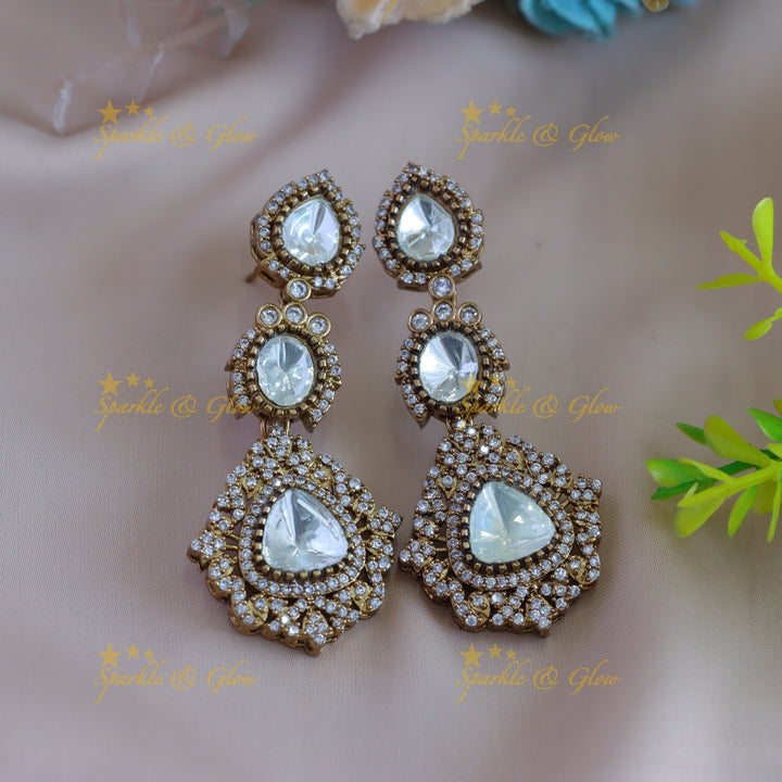 Statement Floral design two layer victorian AD short necklace with green stone with maang tikka - green