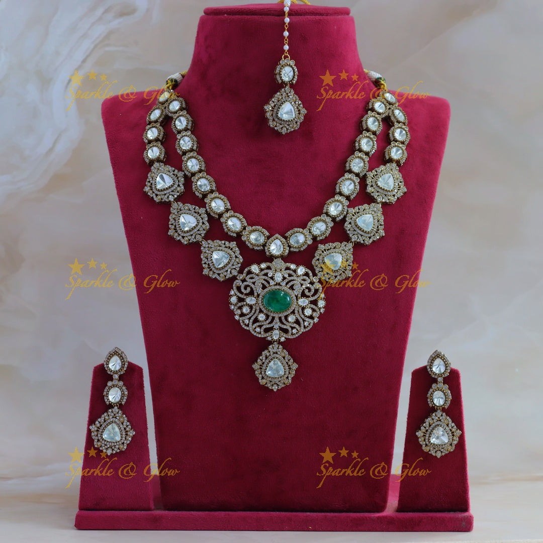 Statement Floral design two layer victorian AD short necklace with green stone with maang tikka - green
