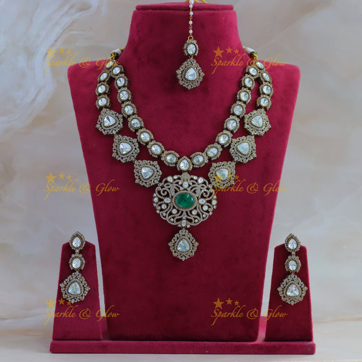 Statement Floral design two layer victorian AD short necklace with green stone with maang tikka - green