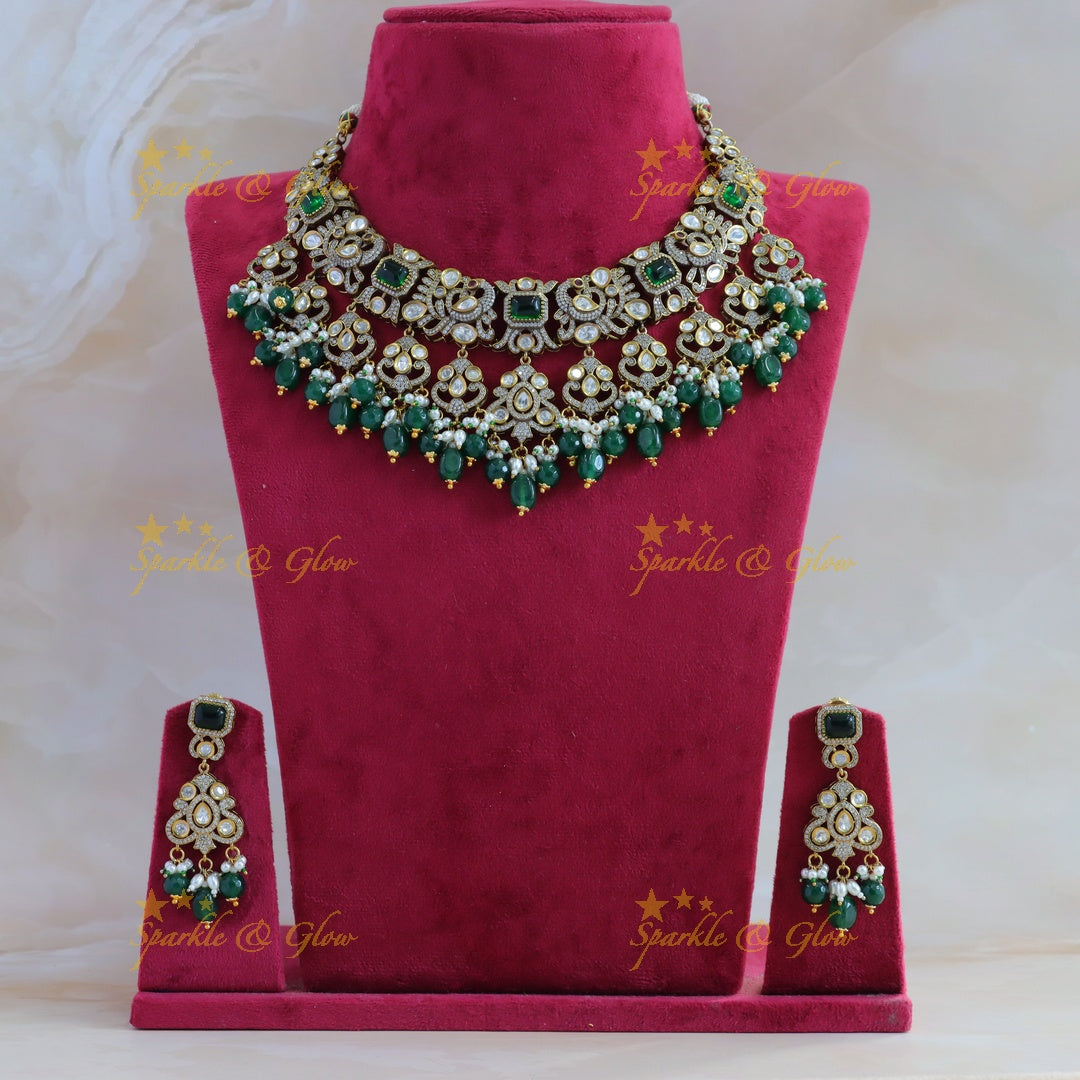 Stunning Peacock floral design victorian AD short necklace with emerald and green beads