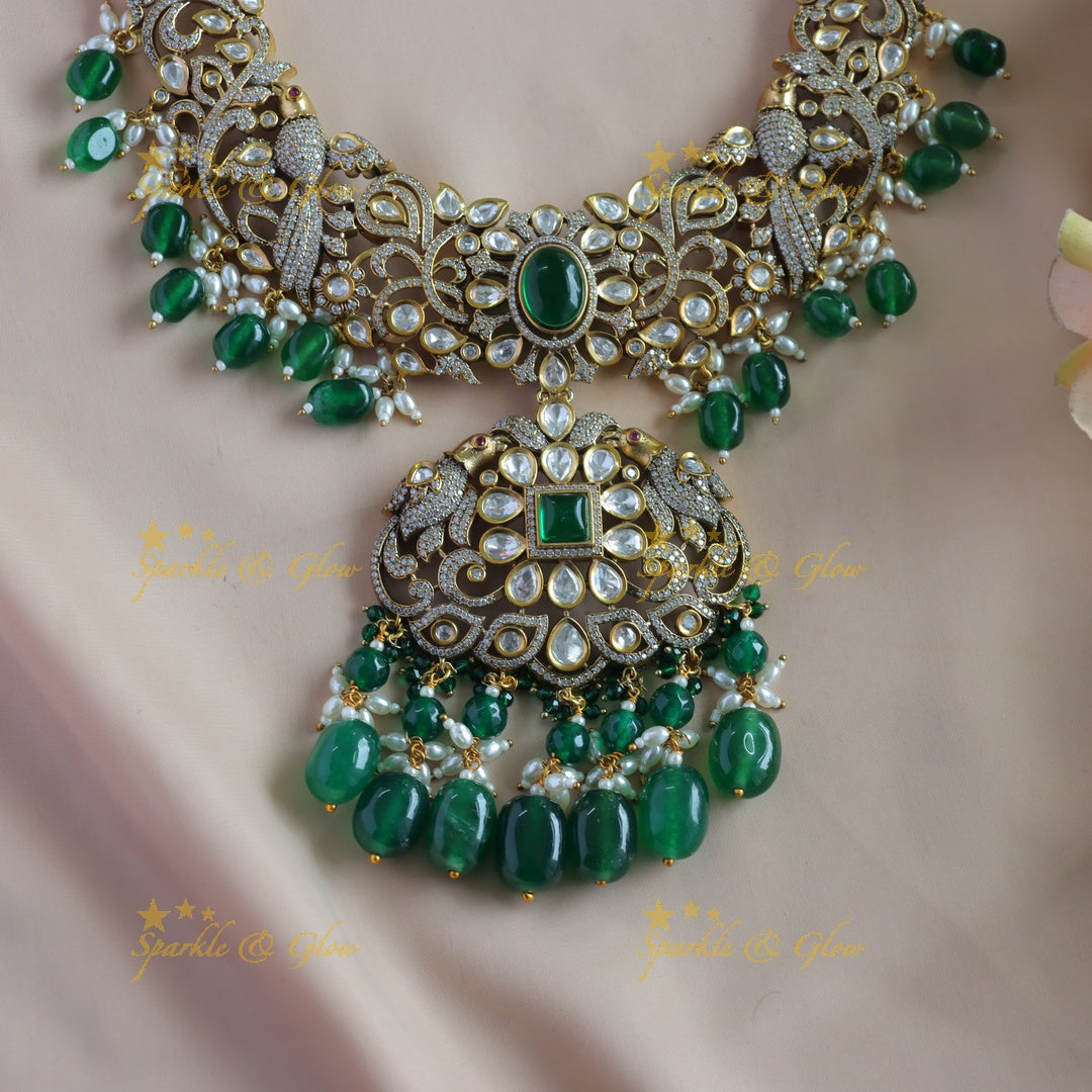 Grand Floral Leaf Parrot design Victorian AD Haram with green beads