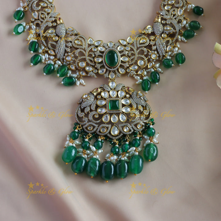 Grand Floral Leaf Parrot design Victorian AD Haram with green beads