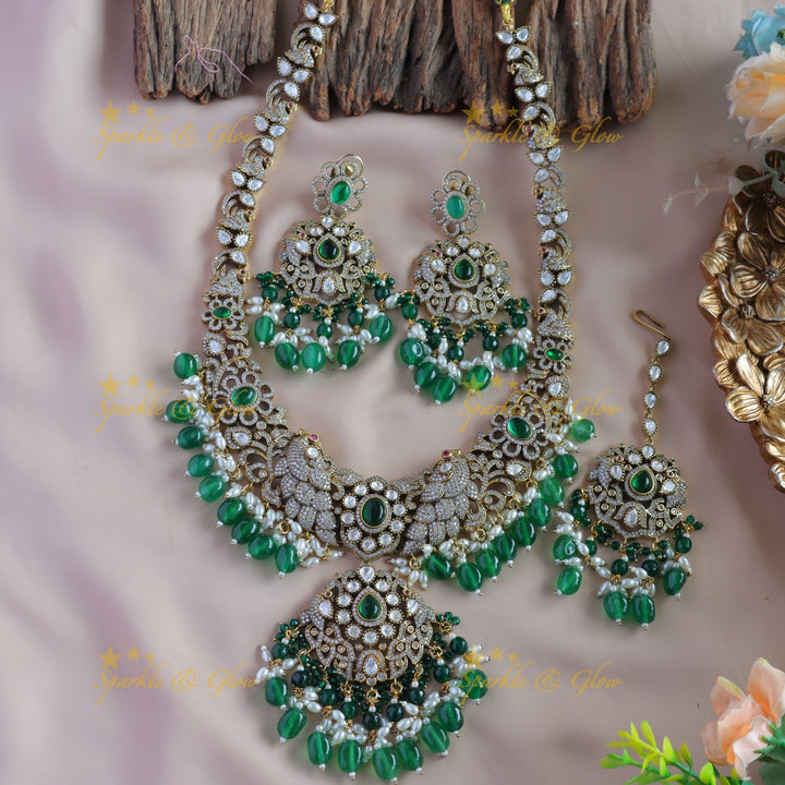 Grand Floral pendant Dancing peacock carved Victorian AD haram with green beads