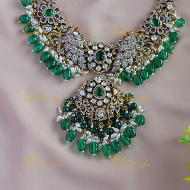 Grand Floral pendant Dancing peacock carved Victorian AD haram with green beads