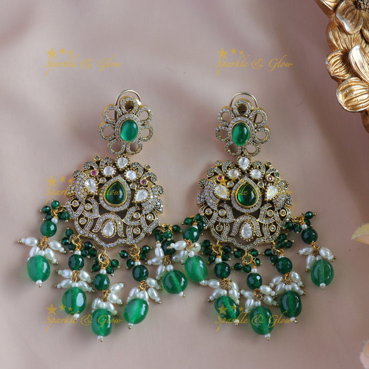 Grand Floral pendant Dancing peacock carved Victorian AD haram with green beads