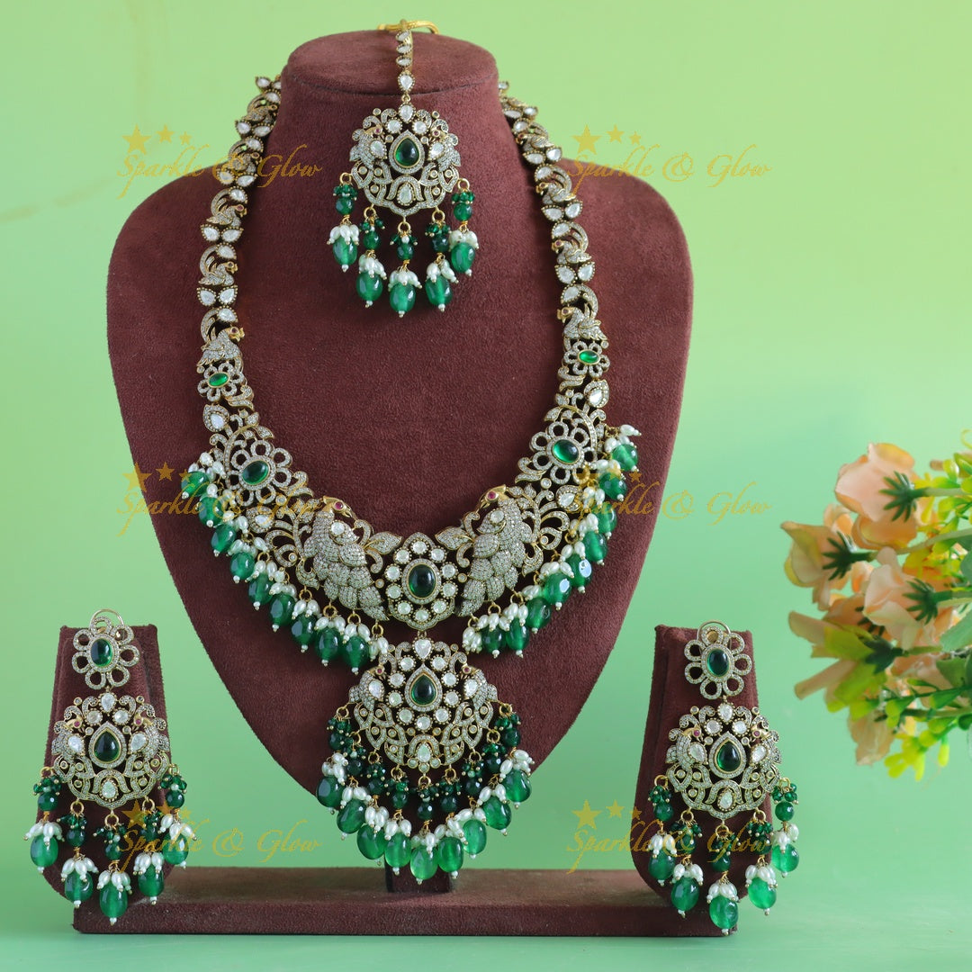 Grand Floral pendant Dancing peacock carved Victorian AD haram with green beads