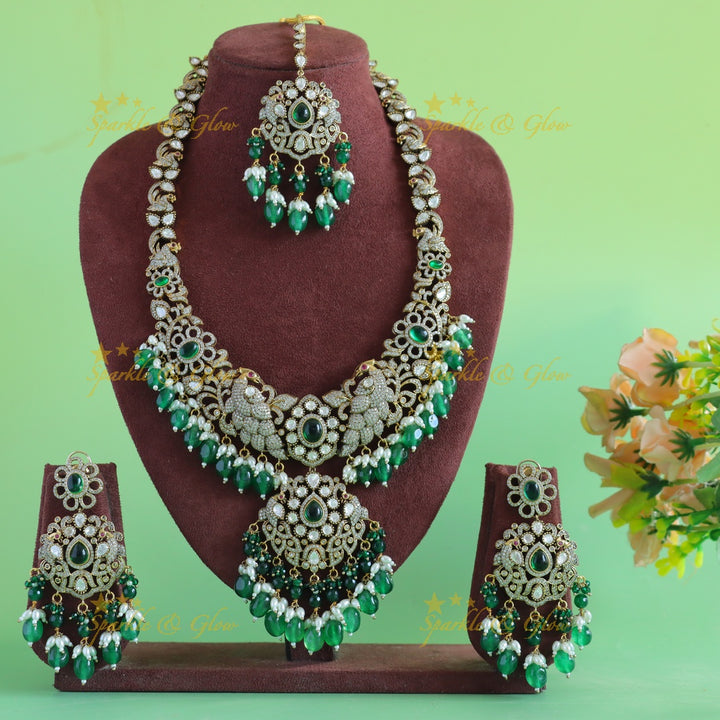 Grand Floral pendant Dancing peacock carved Victorian AD haram with green beads