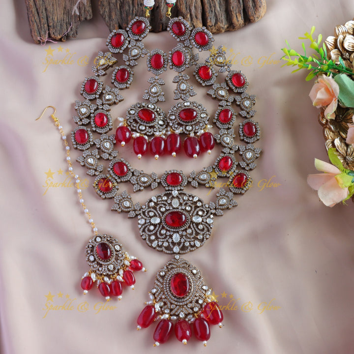 Grand Dual tone Floral pendant carved Victorian AD Two layered Haram with Red beads