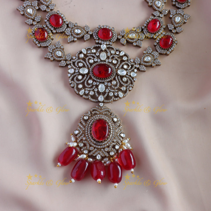 Grand Dual tone Floral pendant carved Victorian AD Two layered Haram with Red beads