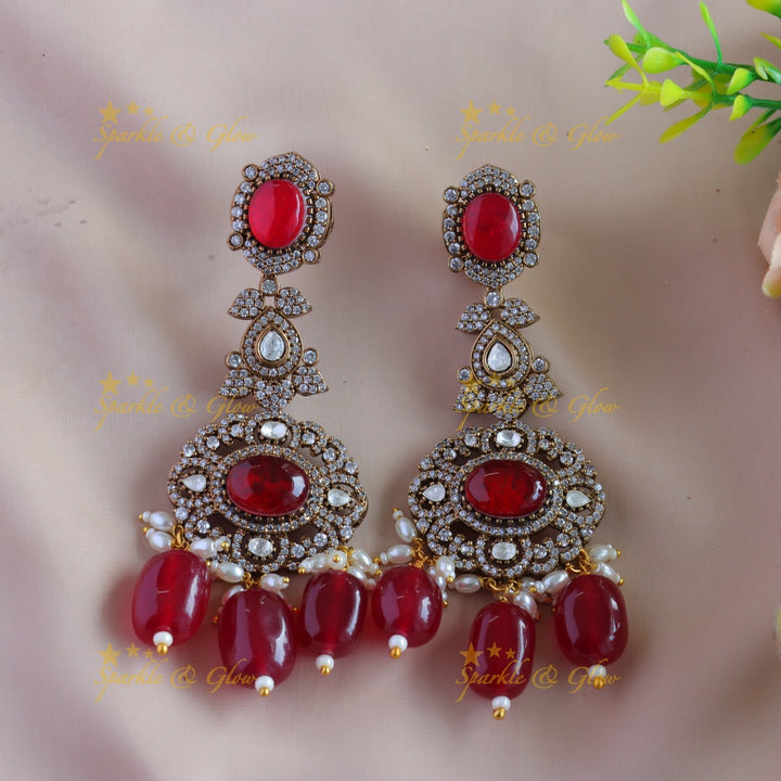 Grand Dual tone Floral pendant carved Victorian AD Two layered Haram with Red beads