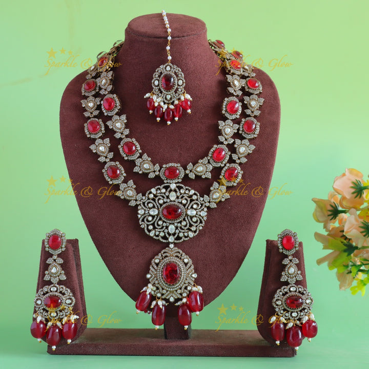 Grand Dual tone Floral pendant carved Victorian AD Two layered Haram with Red beads