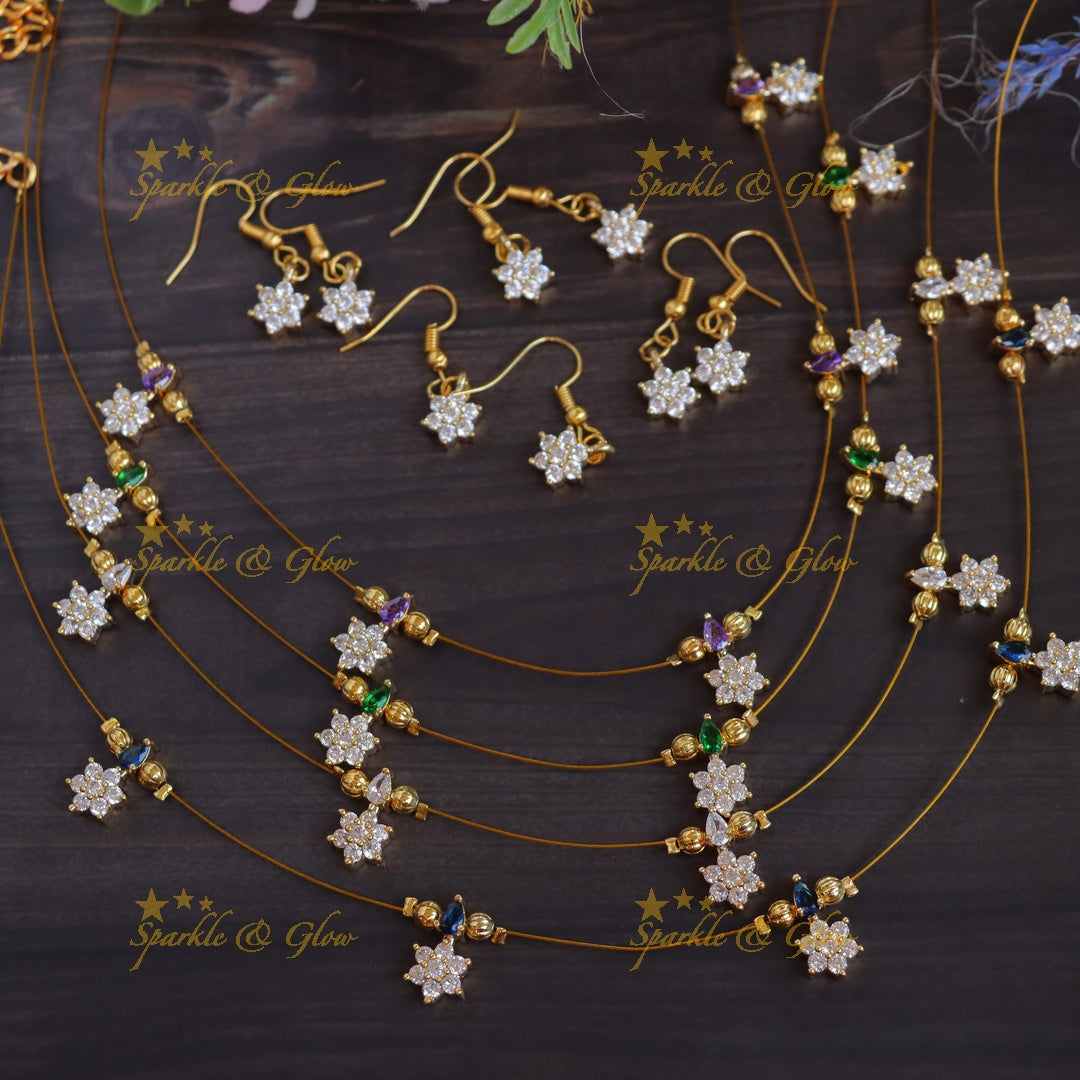 Elegant Stone Cluster Star Pendant Invisible Necklace Set with Drop Earrings