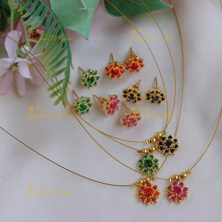 Elegant Stone Floral Pendant Invisible Necklace Set with Stud Earrings
