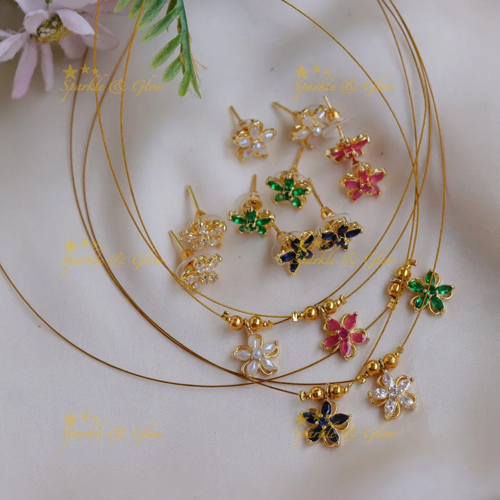 Elegant Invisible Necklace Set with Floral Pendant & Stud Earrings - Sparkle and Glow