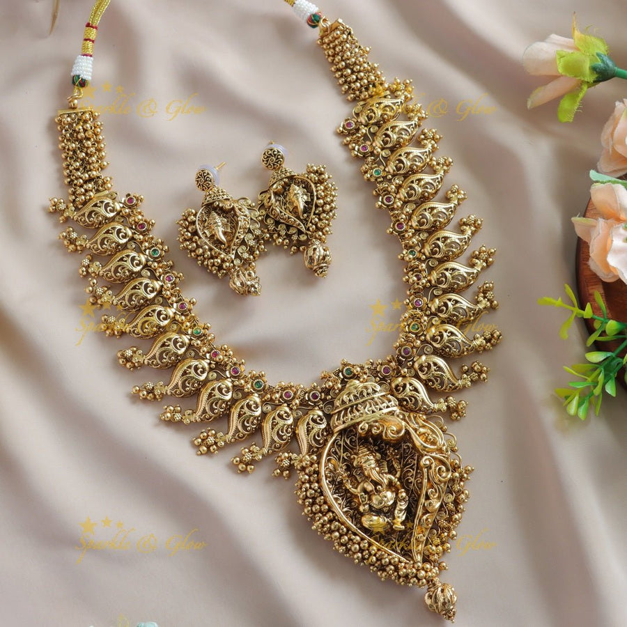 Stunning Ganesha carved pendant long necklace with ruby emerald and gold beads - Sparkle and Glow - Back Thread - 