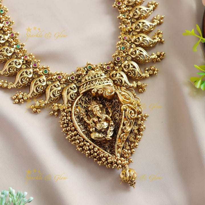 Stunning Ganesha carved pendant long necklace with ruby emerald and gold beads - Sparkle and Glow - Back Thread - 