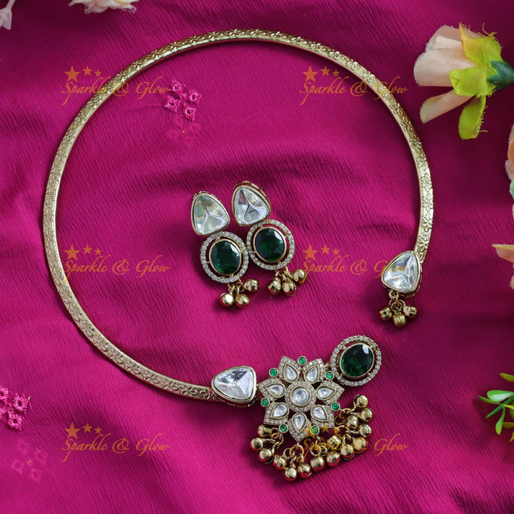 Exclusive Floral triangle and oval stone victorian AD hasli choker with emerald and gold beads