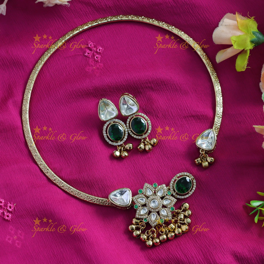 Exclusive Floral triangle and oval stone victorian AD hasli choker with emerald and gold beads - Sparkle and Glow