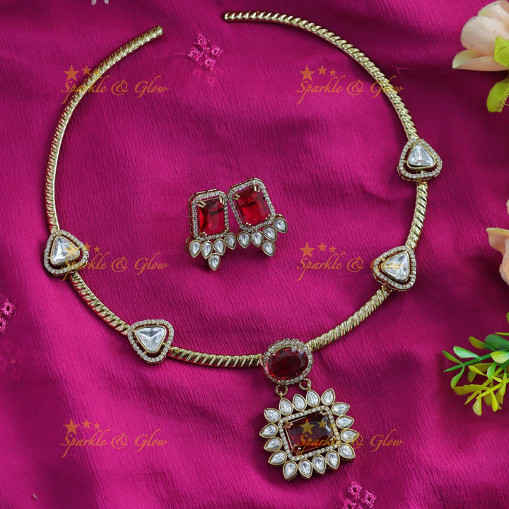 Stunning Floral rectangle stone victorian AD hasli choker - green