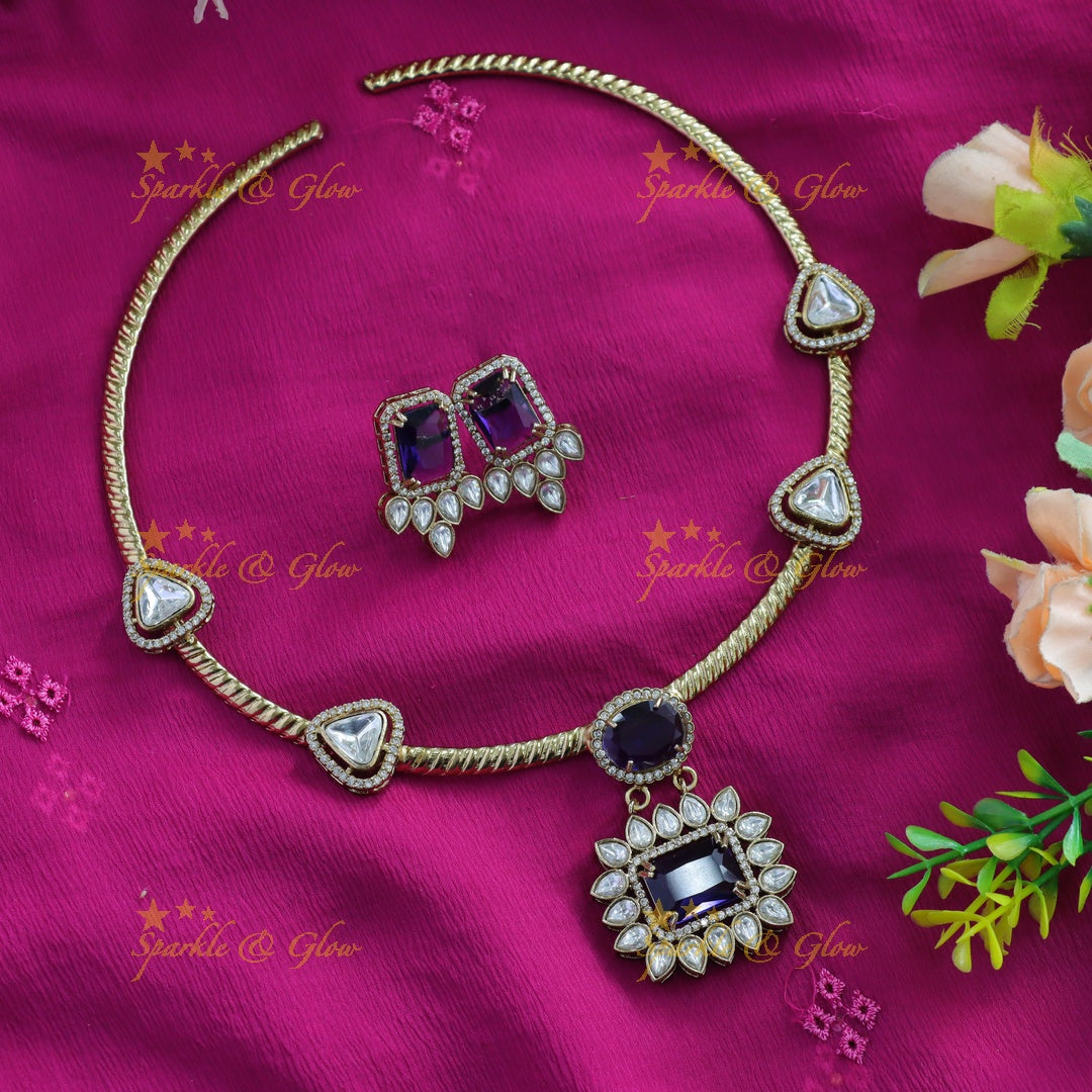 Stunning Floral rectangle stone victorian AD hasli choker - green