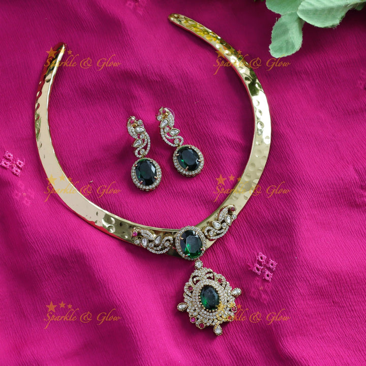 Beautiful Peacock floral victorian AD hasli choker with red stones