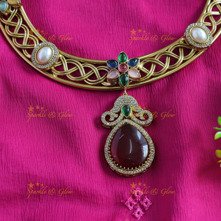 Statement Floral design victorian AD hasli choker with water drop stone - maroon