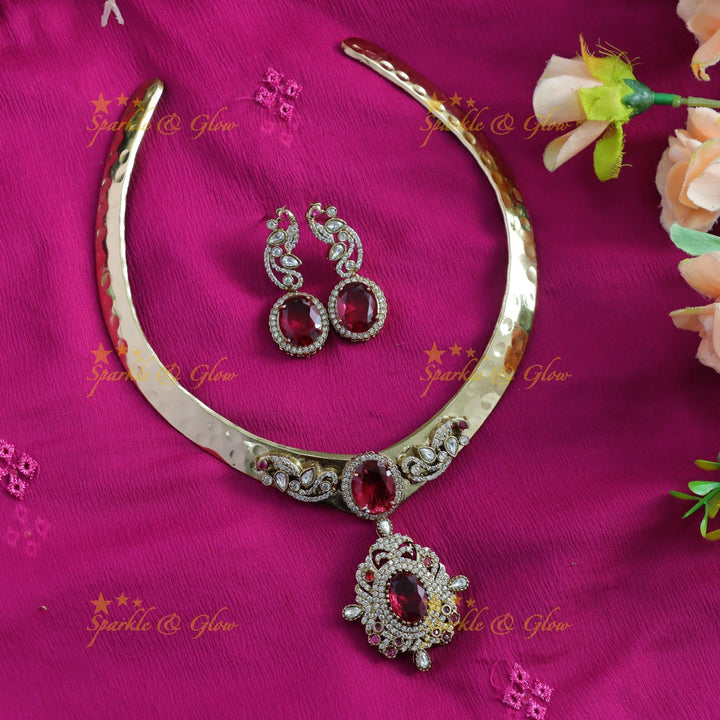 Beautiful Peacock floral victorian AD hasli choker with red stones