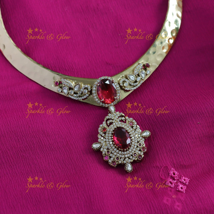 Beautiful Peacock floral victorian AD hasli choker with red stones
