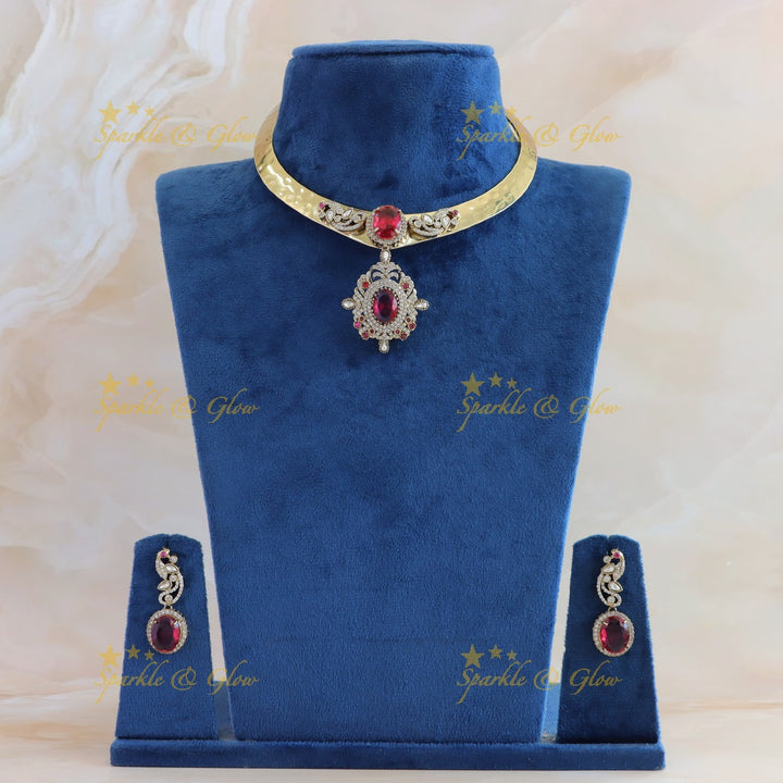 Beautiful Peacock floral victorian AD hasli choker with red stones