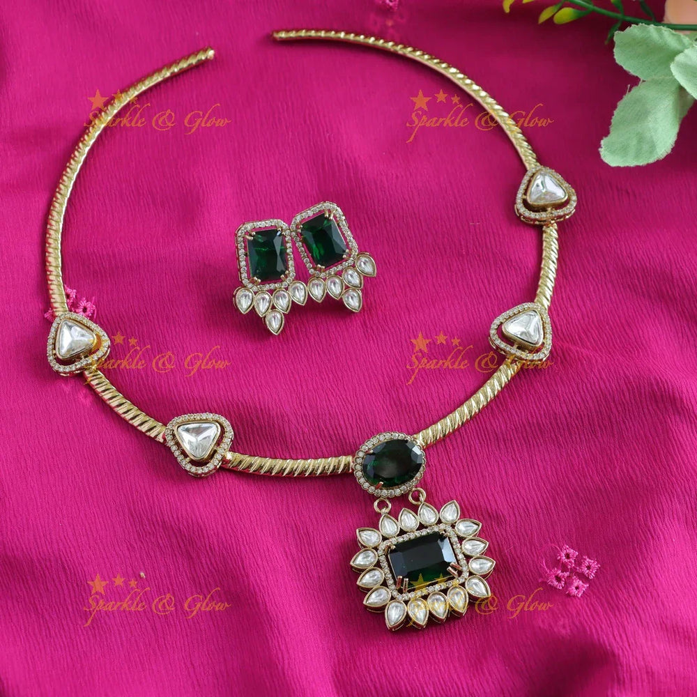 Stunning Floral rectangle stone victorian AD hasli choker - blue - Sparkle and Glow