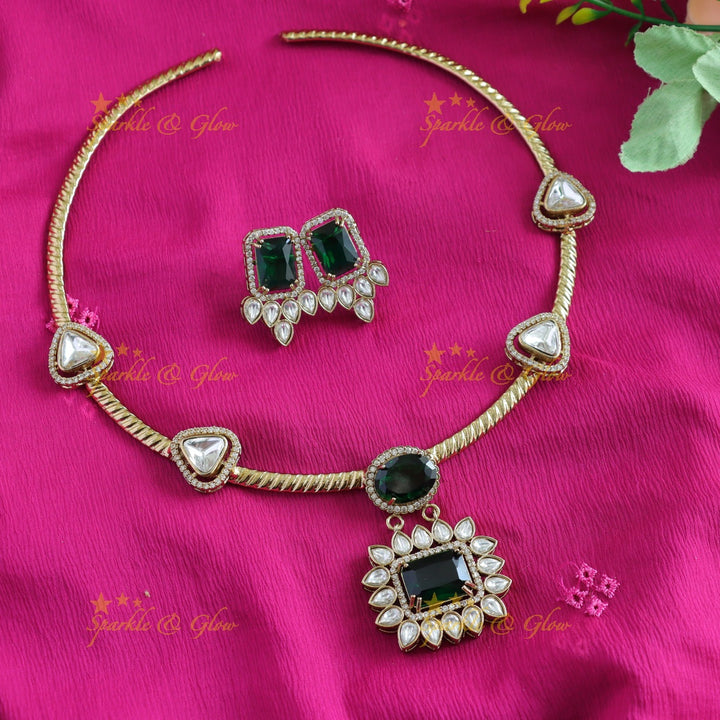 Stunning Floral rectangle stone victorian AD hasli choker - green